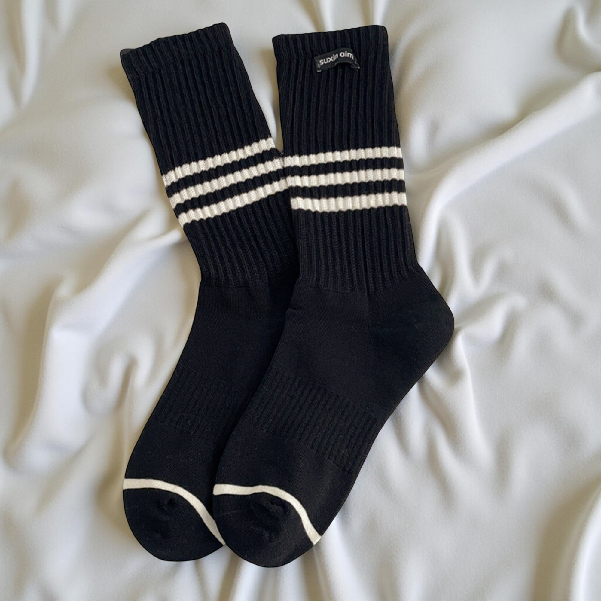 Anna-Kaci Women's Ribbed Knit Crew Socks 5 Pair Set with Striped Detail Soft Stretch Athletic Inspired Everyday Socks