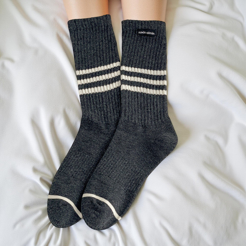 Anna-Kaci Women's Ribbed Knit Crew Socks 5 Pair Set with Striped Detail Soft Stretch Athletic Inspired Everyday Socks
