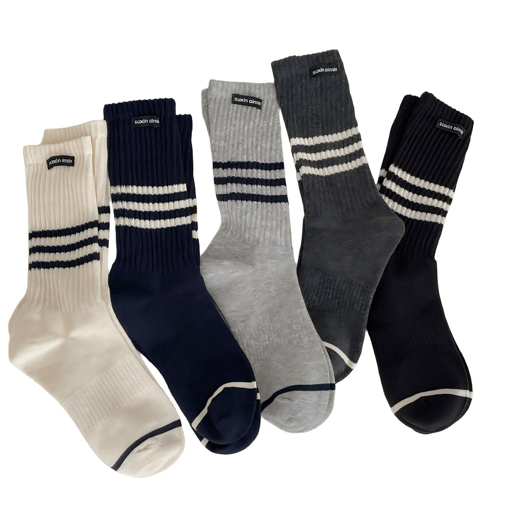 Anna-Kaci Women's Ribbed Knit Crew Socks 5 Pair Set with Striped Detail Soft Stretch Athletic Inspired Everyday Socks