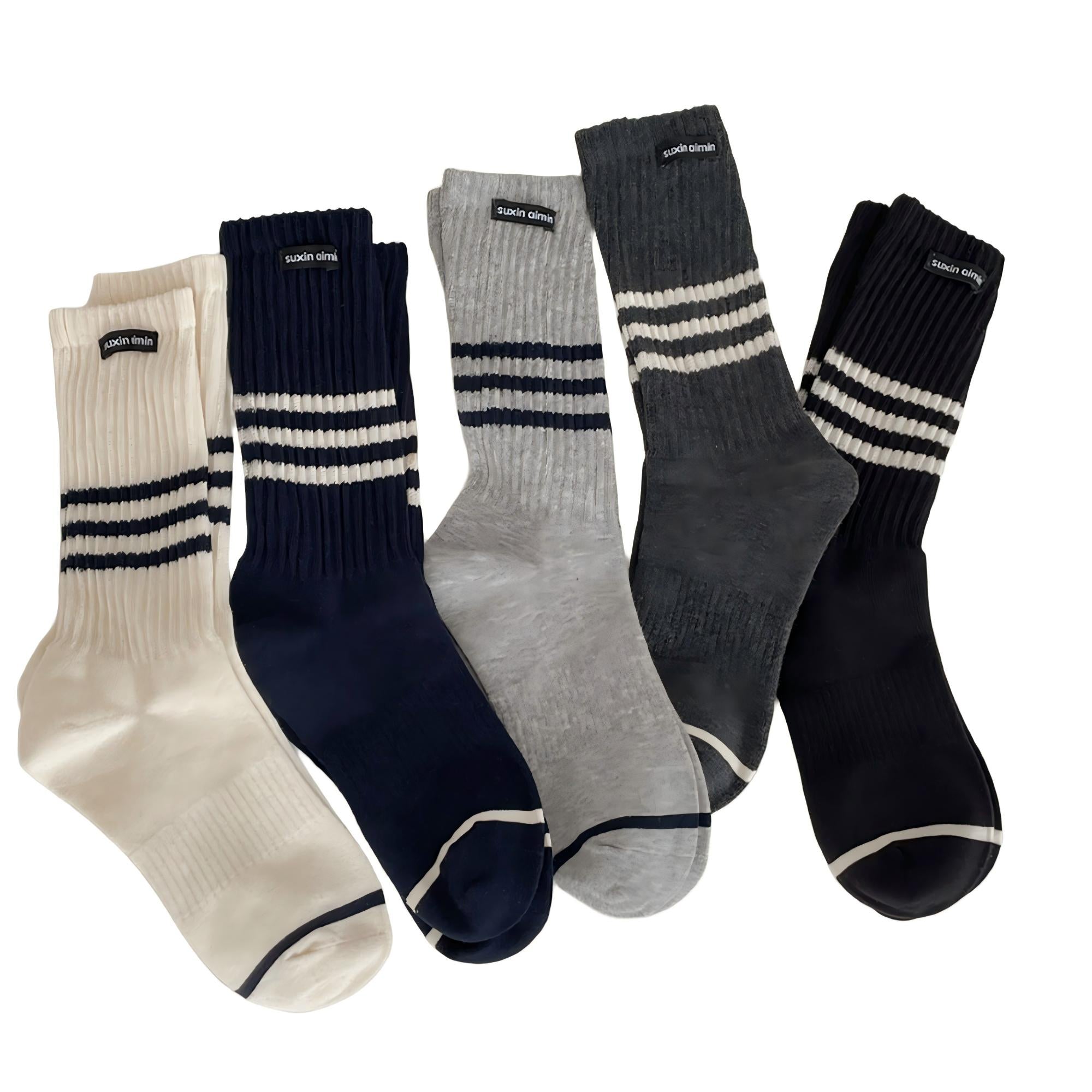 Anna-Kaci Women's Ribbed Knit Crew Socks 5 Pair Set with Striped Detail Soft Stretch Athletic Inspired Everyday Socks