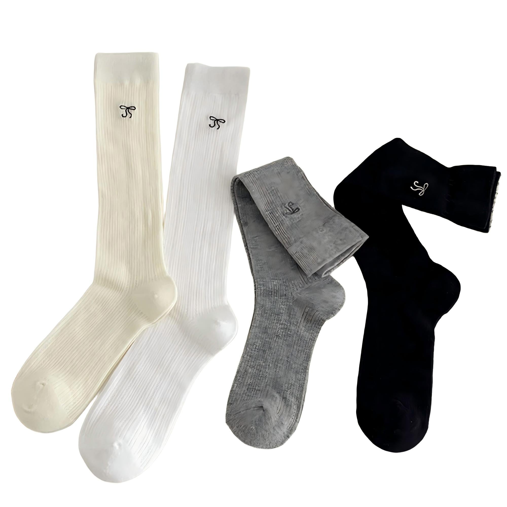 Anna-Kaci Women's Ribbed Knit Knee High Socks 4 Pair Set Soft Stretch Minimal Logo Tall Socks
