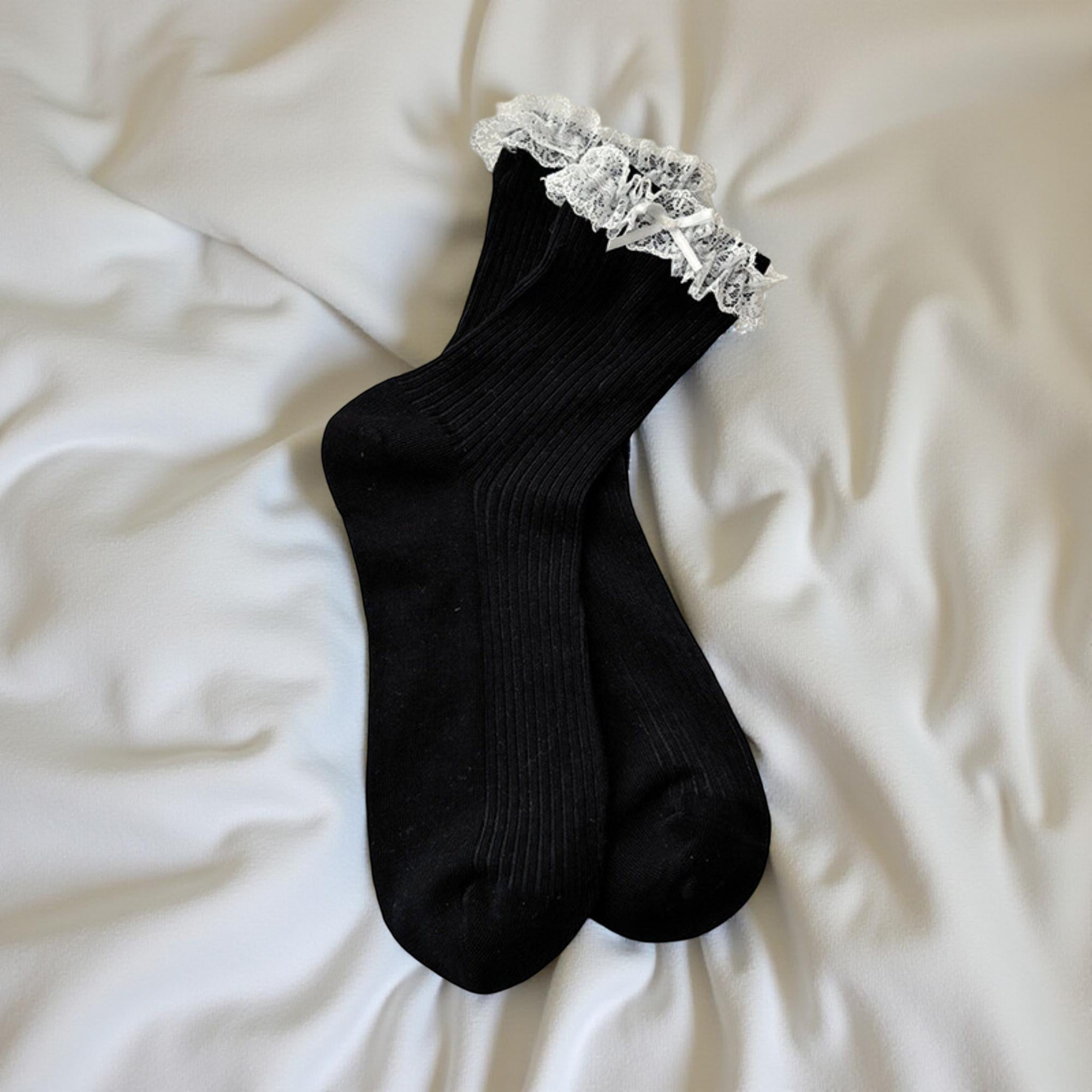 Anna-Kaci Women's Ribbed Knit Knee High Ruffle Socks 3 Pair Set Lace Trim Bow Detail Soft Stretch Socks