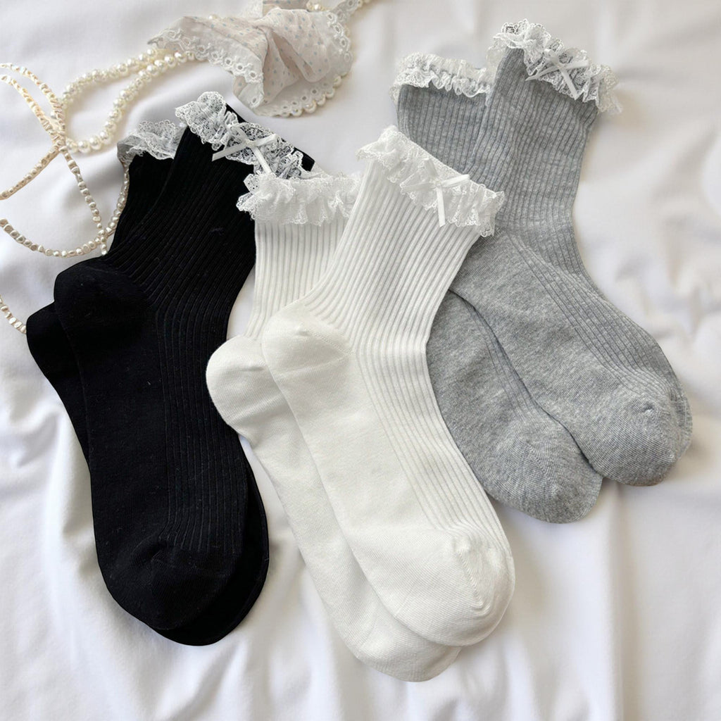 Anna-Kaci Women's Ribbed Knit Knee High Ruffle Socks 3 Pair Set Lace Trim Bow Detail Soft Stretch Socks