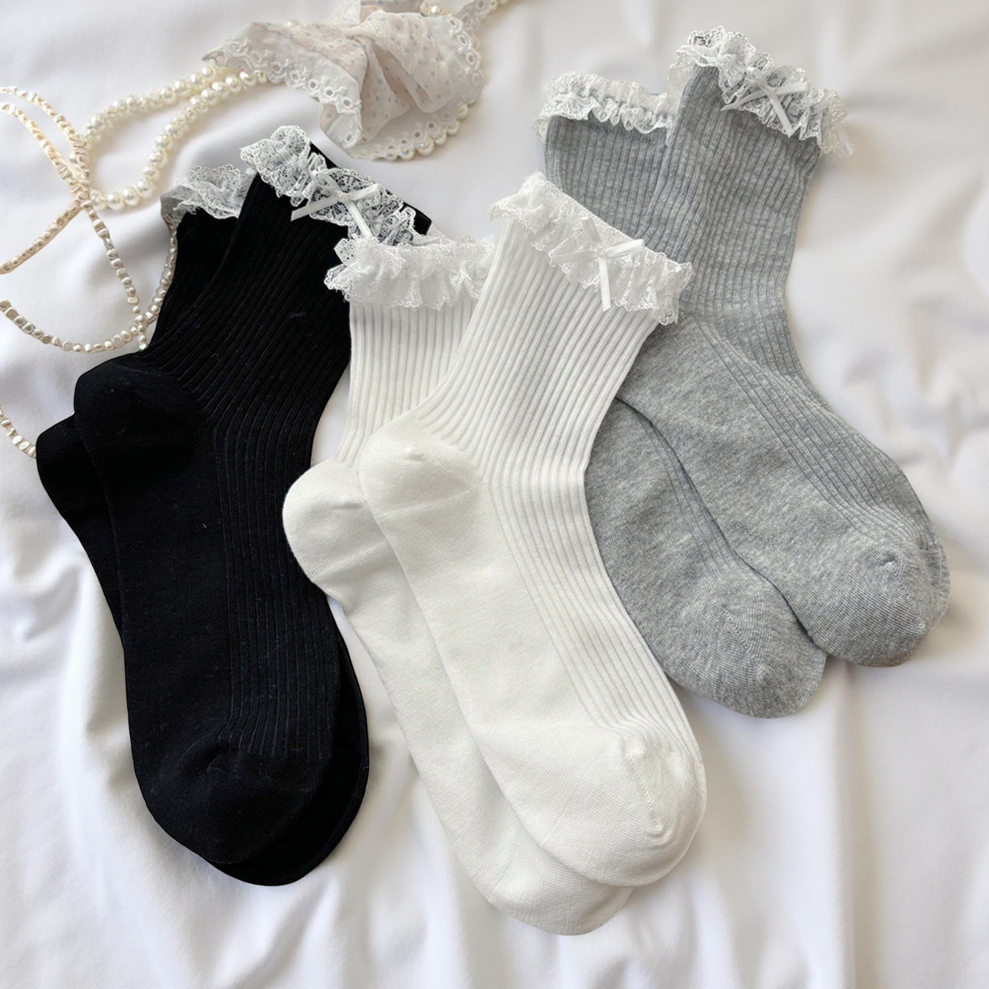 Anna-Kaci Women's Ribbed Knit Knee High Ruffle Socks 3 Pair Set Lace Trim Bow Detail Soft Stretch Socks