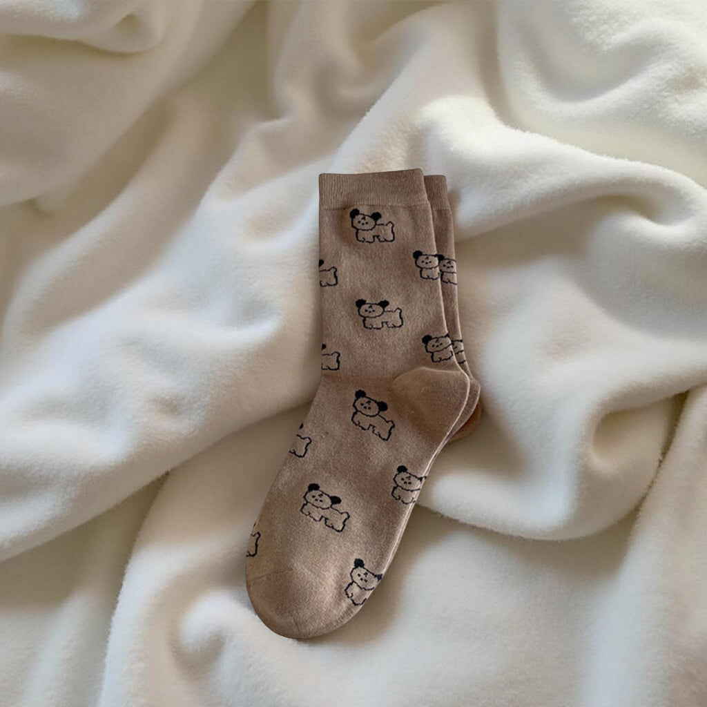 Anna-Kaci Women's 4-Pair Crew Sock Set Puppy Print Soft Stretch Knit Comfortable Everyday Socks