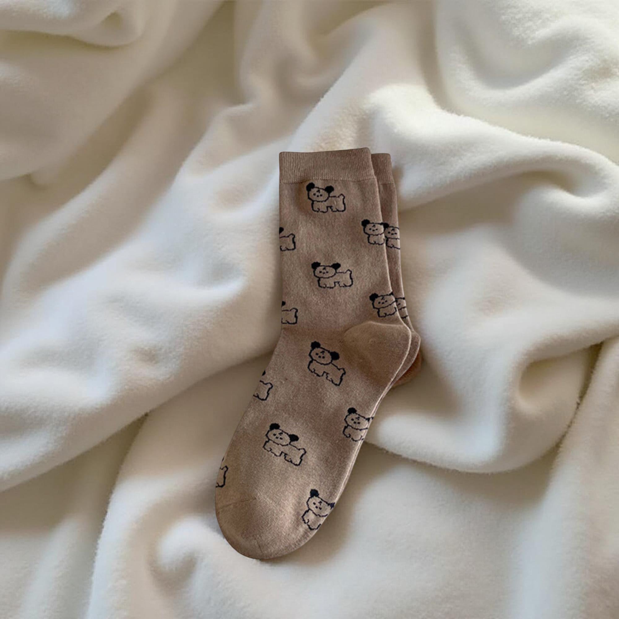 Anna-Kaci Women's 4-Pair Crew Sock Set Puppy Print Soft Stretch Knit Comfortable Everyday Socks