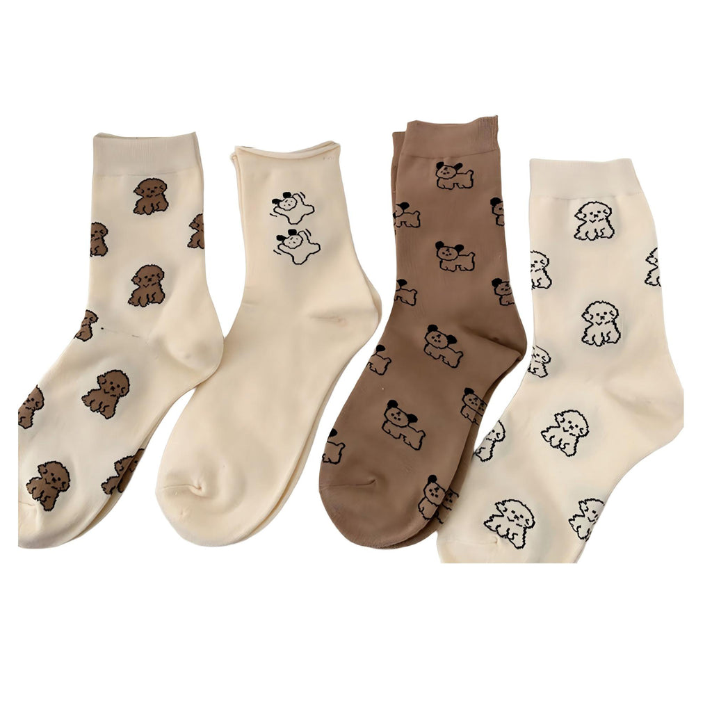 Anna-Kaci Women's 4-Pair Crew Sock Set Puppy Print Soft Stretch Knit Comfortable Everyday Socks