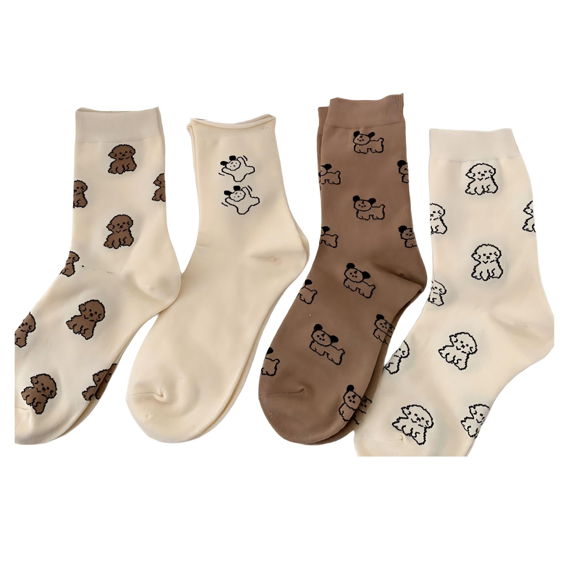 Anna-Kaci Women's 4-Pair Crew Sock Set Puppy Print Soft Stretch Knit Comfortable Everyday Socks