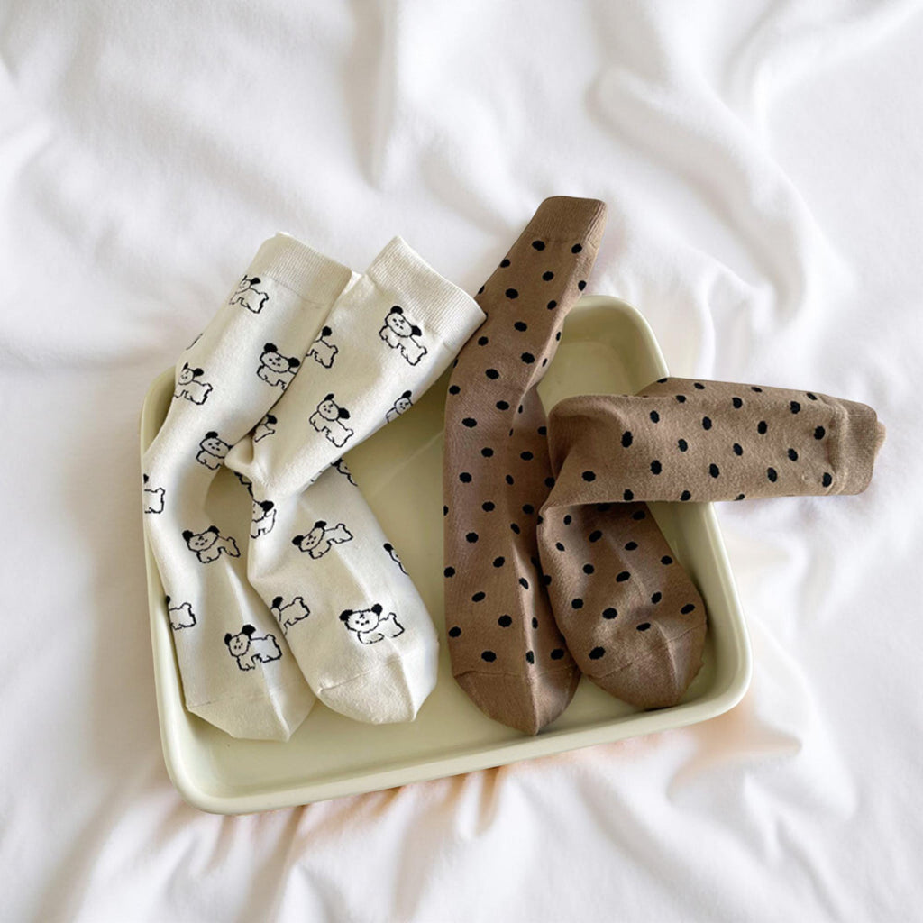 Anna-Kaci Women's 4-Pair Crew Sock Set Puppy Print Soft Stretch Knit Comfortable Everyday Socks