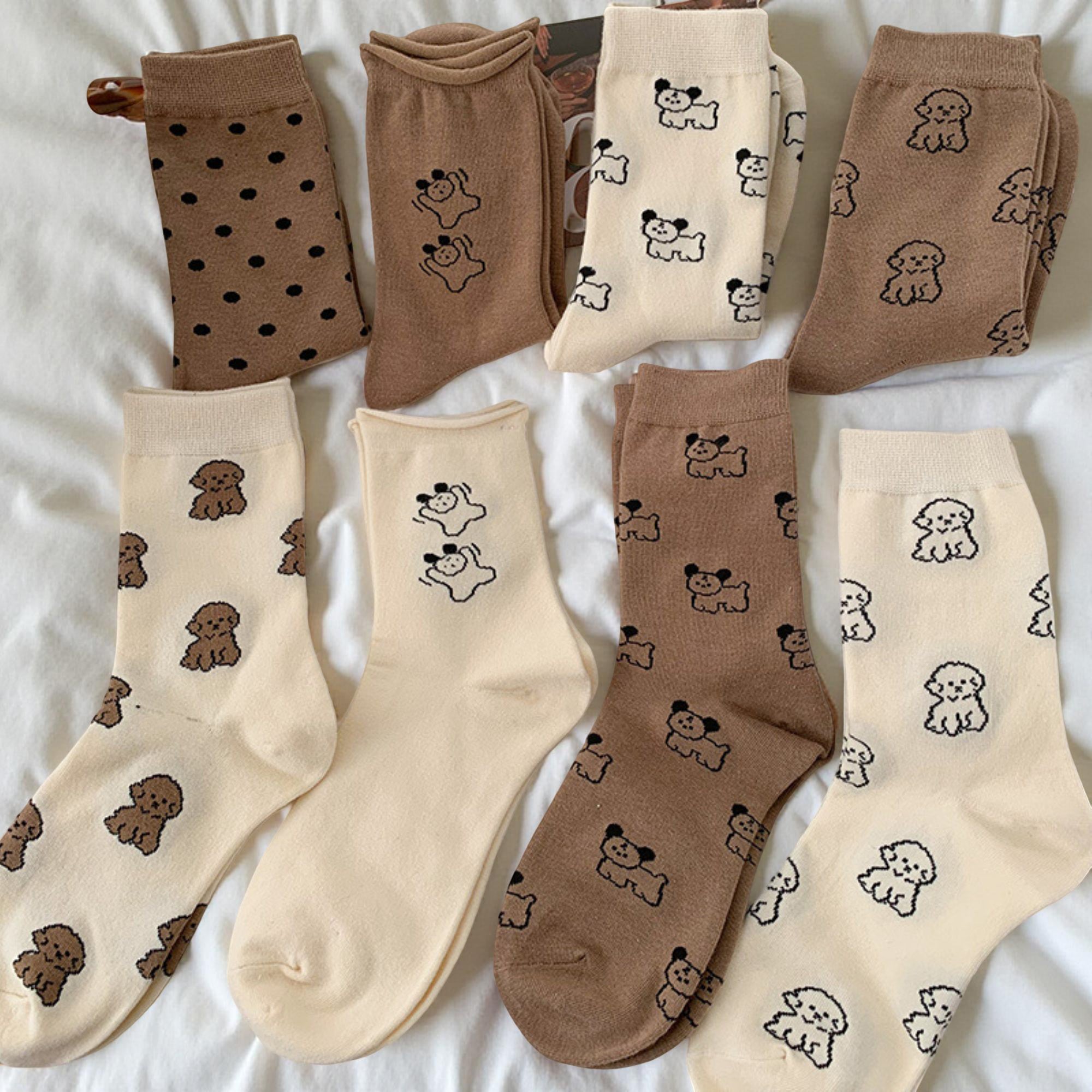 Anna-Kaci Women's 4-Pair Crew Sock Set Puppy Print Soft Stretch Knit Comfortable Everyday Socks