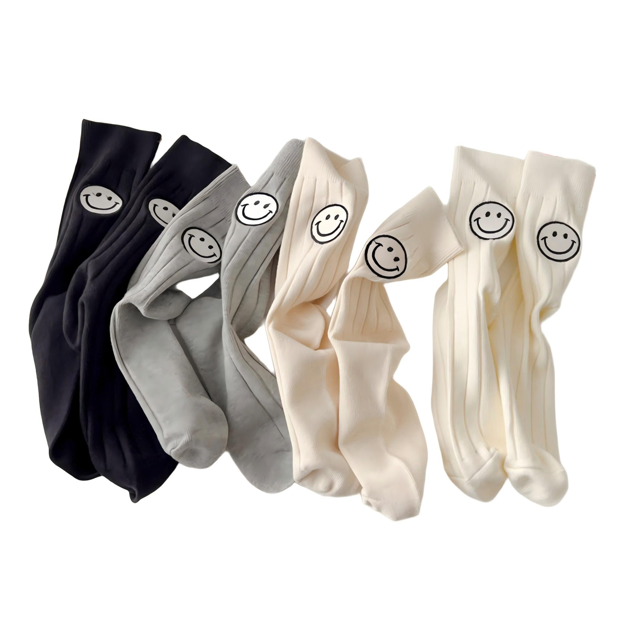 Anna-Kaci Women's 4-Pair Crew Sock Set Smiley Face Print Soft Stretch Knit Comfortable Everyday Socks