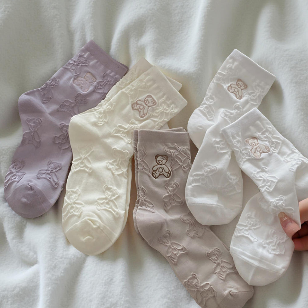 Anna-Kaci Women's 3-Pair Crew Sock Set Teddy Bear Textured Knit Soft Stretch Comfortable Everyday Socks