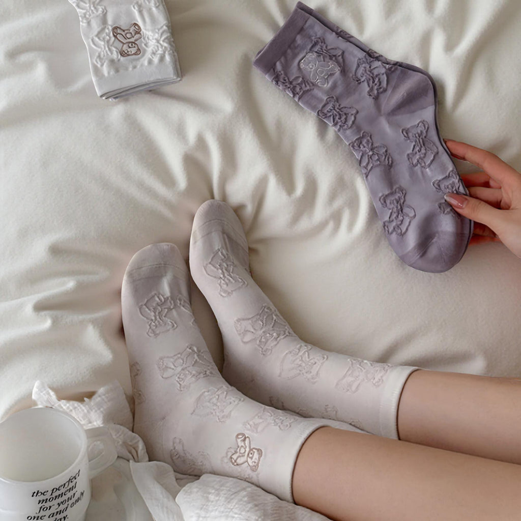 Anna-Kaci Women's 3-Pair Crew Sock Set Teddy Bear Textured Knit Soft Stretch Comfortable Everyday Socks