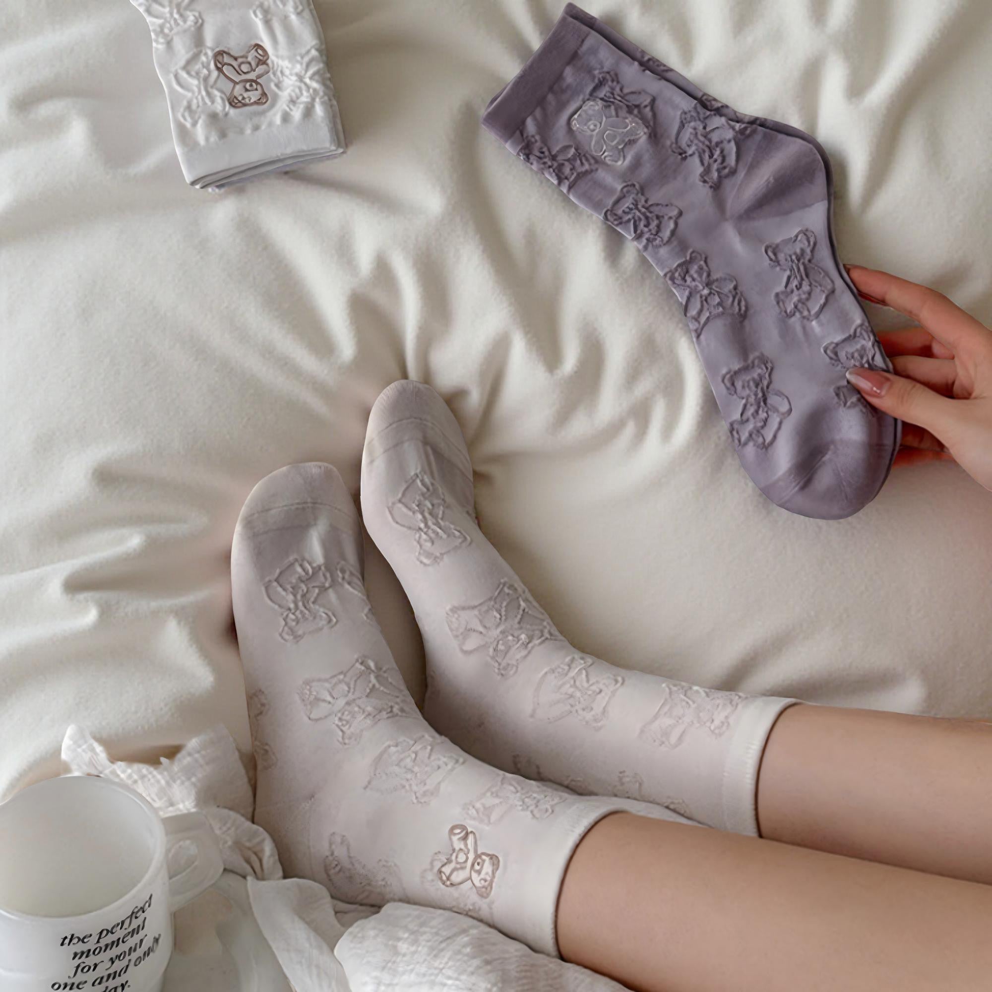 Anna-Kaci Women's 3-Pair Crew Sock Set Teddy Bear Textured Knit Soft Stretch Comfortable Everyday Socks