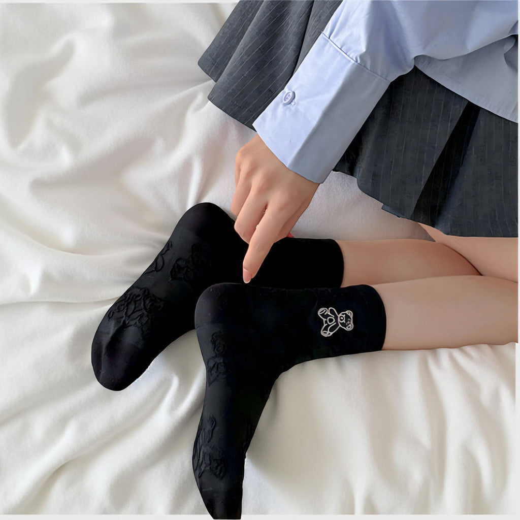 Anna-Kaci Women's 3-Pair Crew Sock Set Teddy Bear Textured Knit Soft Stretch Comfortable Everyday Socks