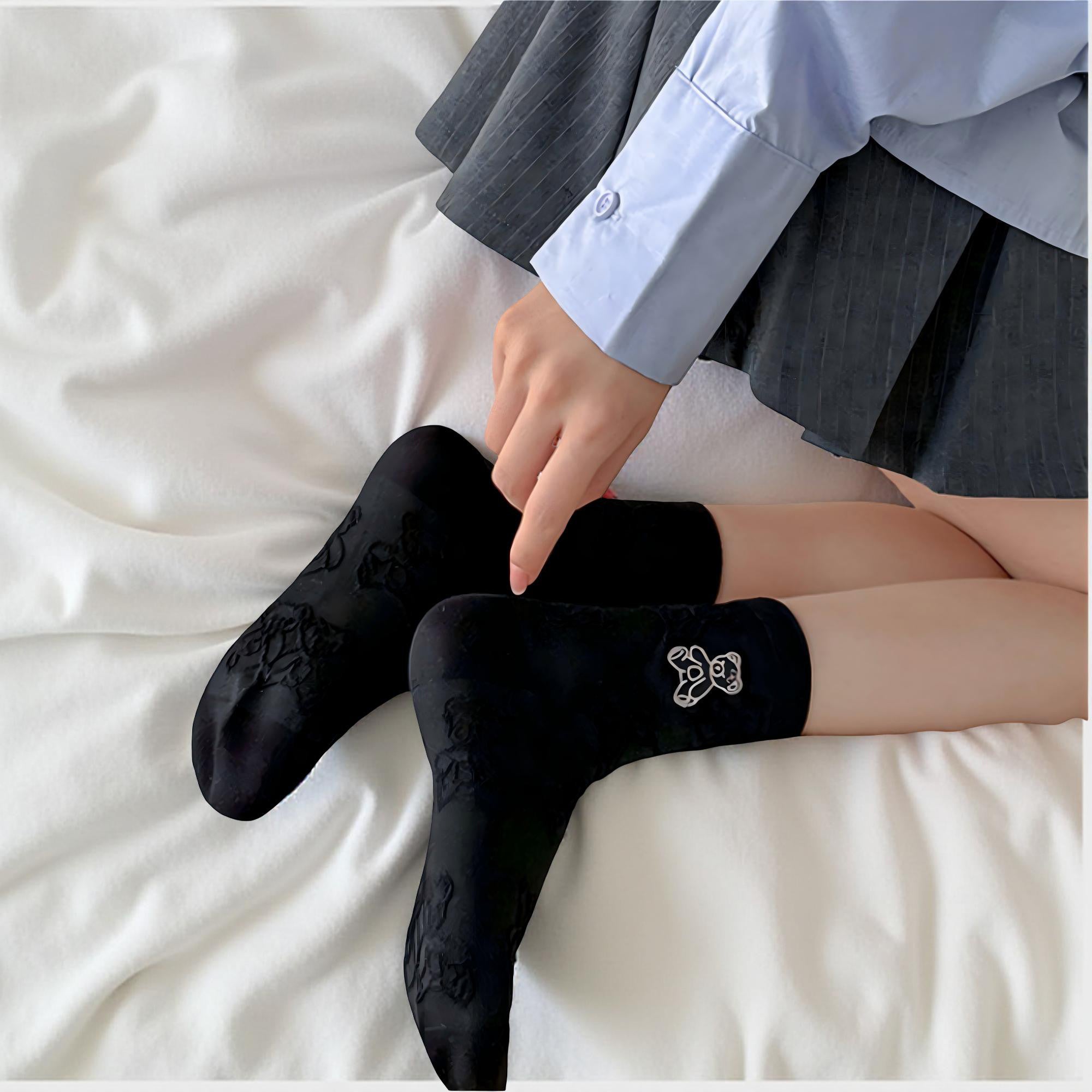 Anna-Kaci Women's 3-Pair Crew Sock Set Teddy Bear Textured Knit Soft Stretch Comfortable Everyday Socks