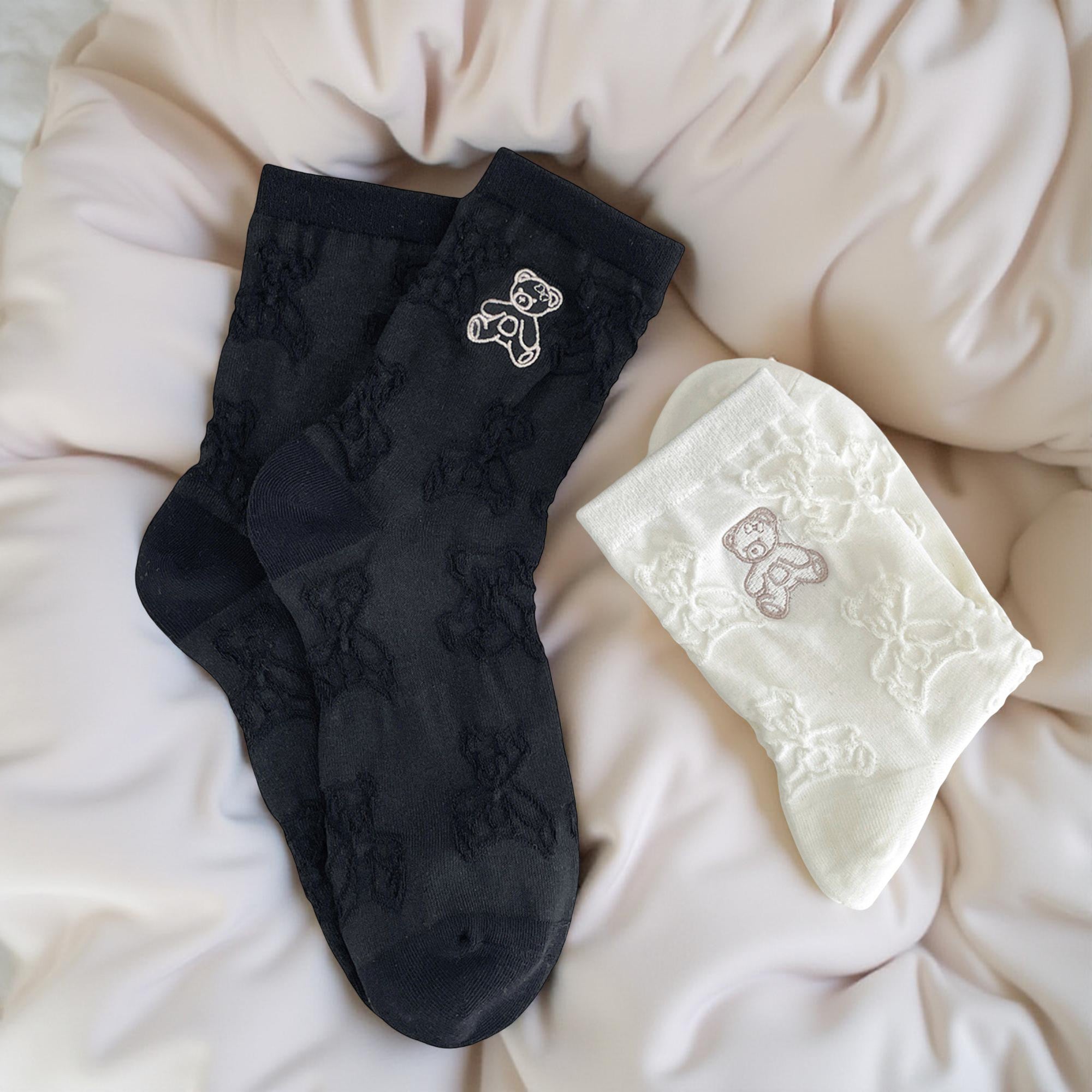 Anna-Kaci Women's 3-Pair Crew Sock Set Teddy Bear Textured Knit Soft Stretch Comfortable Everyday Socks