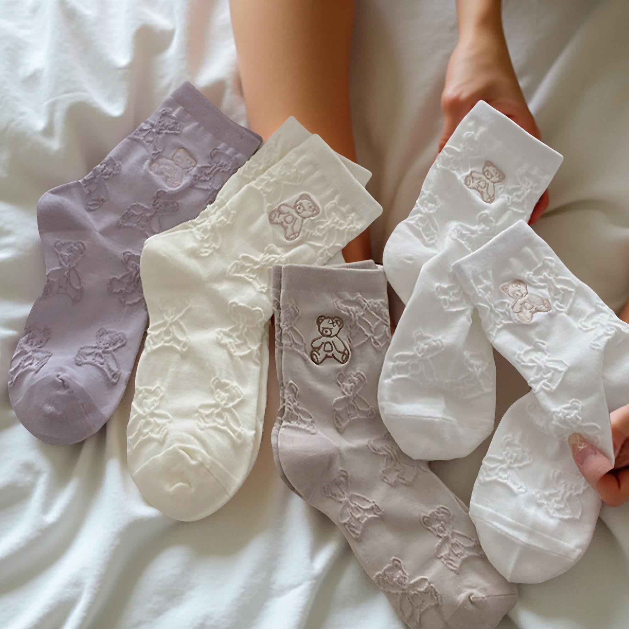Anna-Kaci Women's 3-Pair Crew Sock Set Teddy Bear Textured Knit Soft Stretch Comfortable Everyday Socks