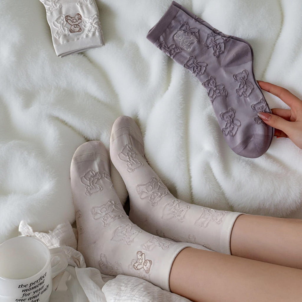 Anna-Kaci Women's 3-Pair Crew Sock Set Teddy Bear Textured Knit Soft Stretch Comfortable Everyday Socks