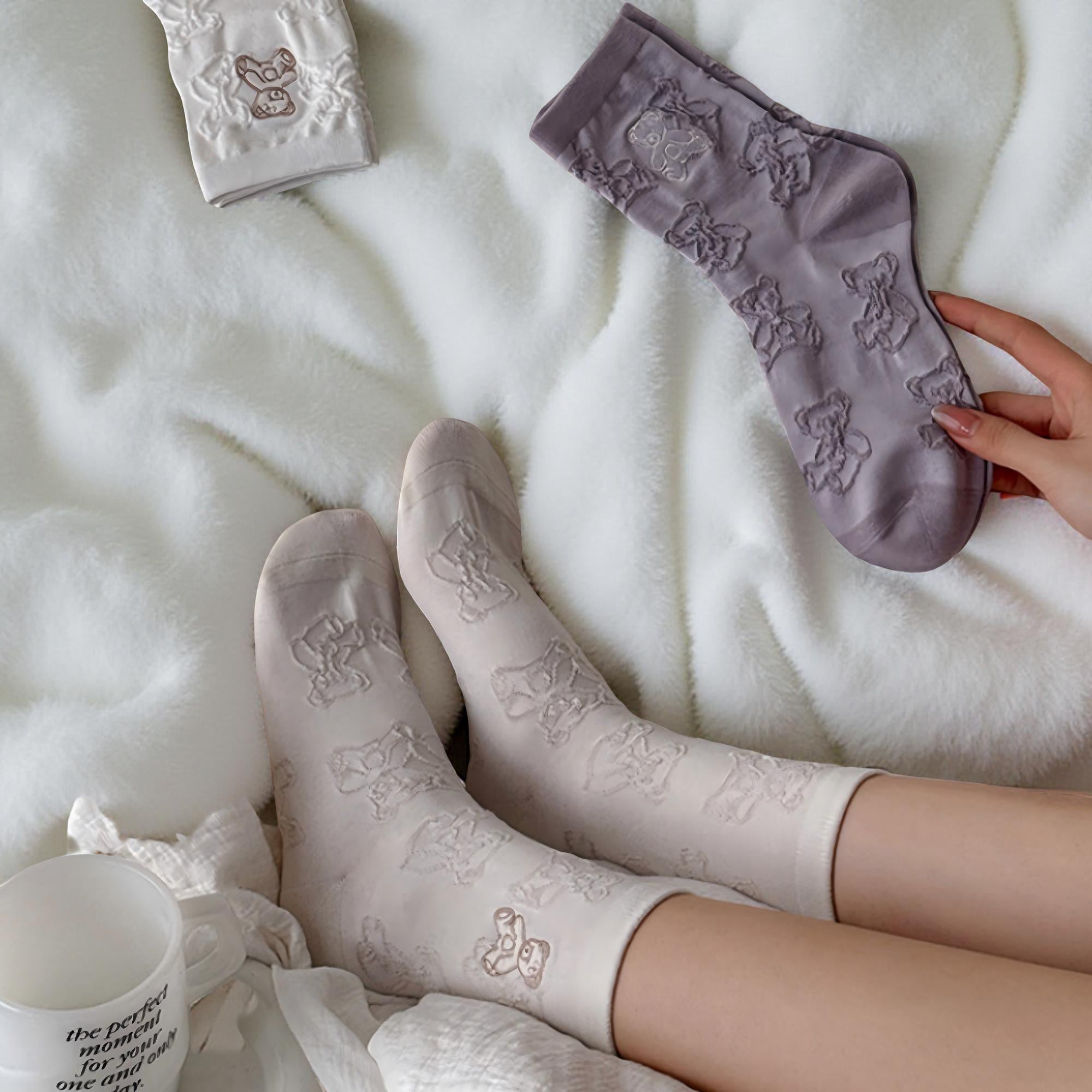 Anna-Kaci Women's 3-Pair Crew Sock Set Teddy Bear Textured Knit Soft Stretch Comfortable Everyday Socks
