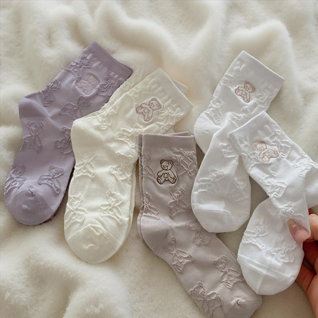 Anna-Kaci Women's 3-Pair Crew Sock Set Teddy Bear Textured Knit Soft Stretch Comfortable Everyday Socks