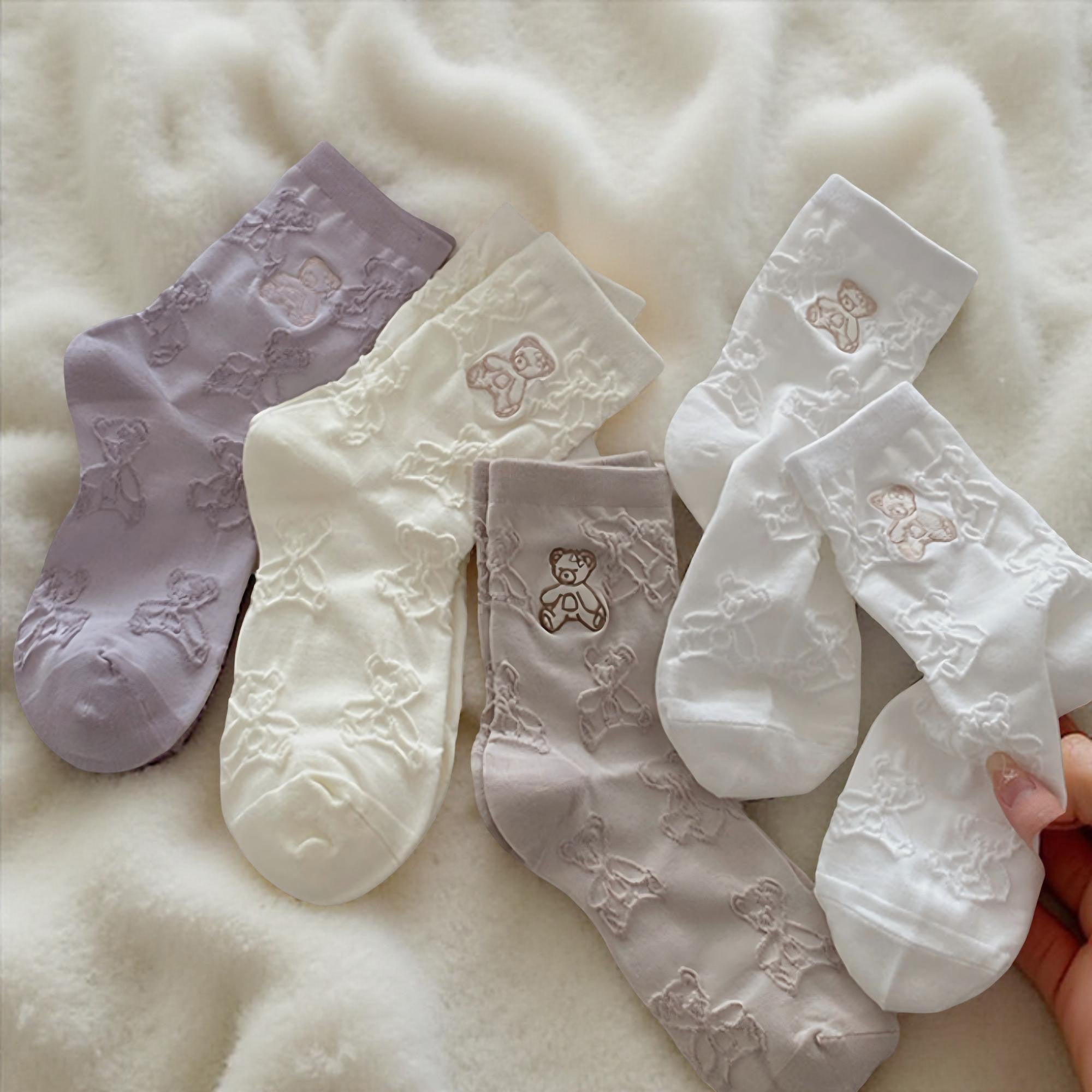 Anna-Kaci Women's 3-Pair Crew Sock Set Teddy Bear Textured Knit Soft Stretch Comfortable Everyday Socks