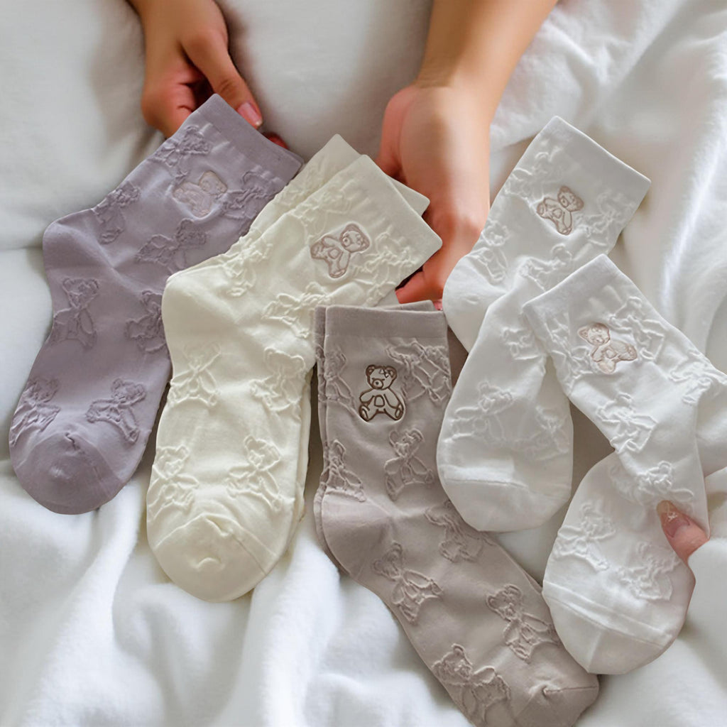 Anna-Kaci Women's 3-Pair Crew Sock Set Teddy Bear Textured Knit Soft Stretch Comfortable Everyday Socks