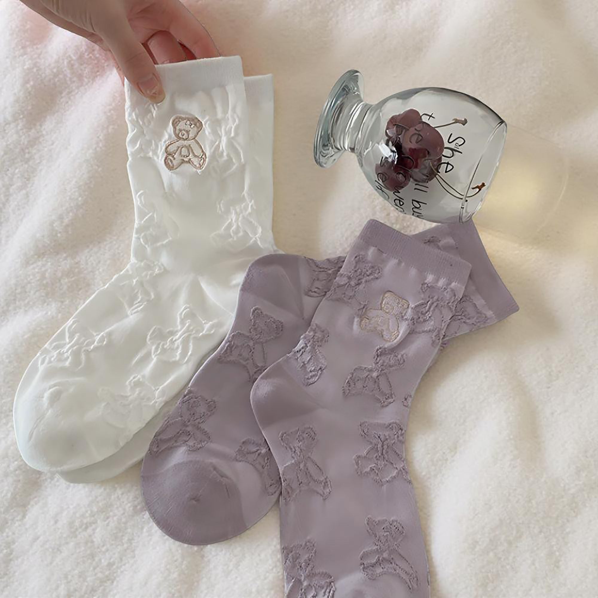 Anna-Kaci Women's 3-Pair Crew Sock Set Teddy Bear Textured Knit Soft Stretch Comfortable Everyday Socks