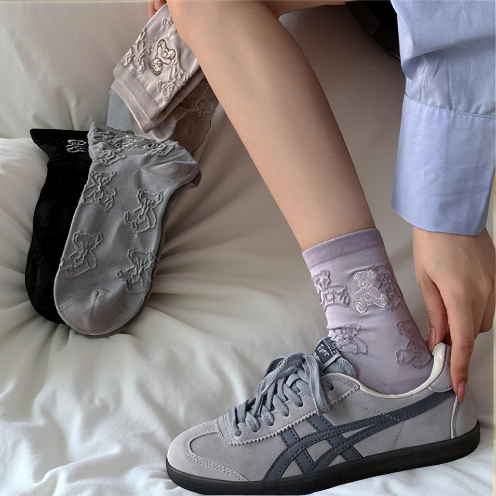 Anna-Kaci Women's 3-Pair Crew Sock Set Teddy Bear Textured Knit Soft Stretch Comfortable Everyday Socks