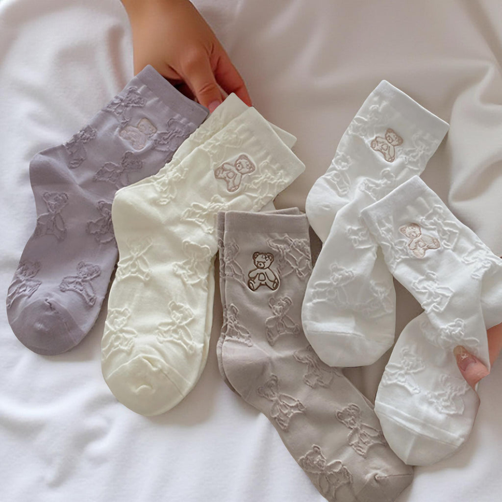 Anna-Kaci Women's 3-Pair Crew Sock Set Teddy Bear Textured Knit Soft Stretch Comfortable Everyday Socks