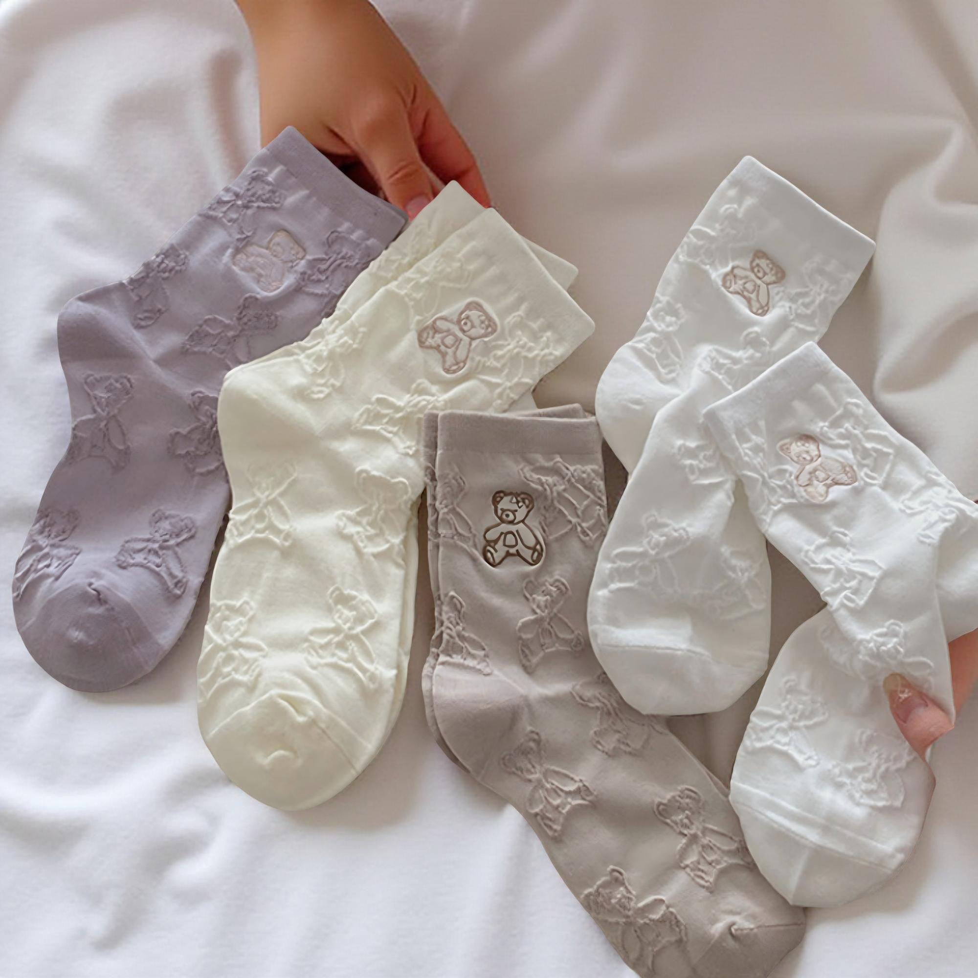Anna-Kaci Women's 3-Pair Crew Sock Set Teddy Bear Textured Knit Soft Stretch Comfortable Everyday Socks
