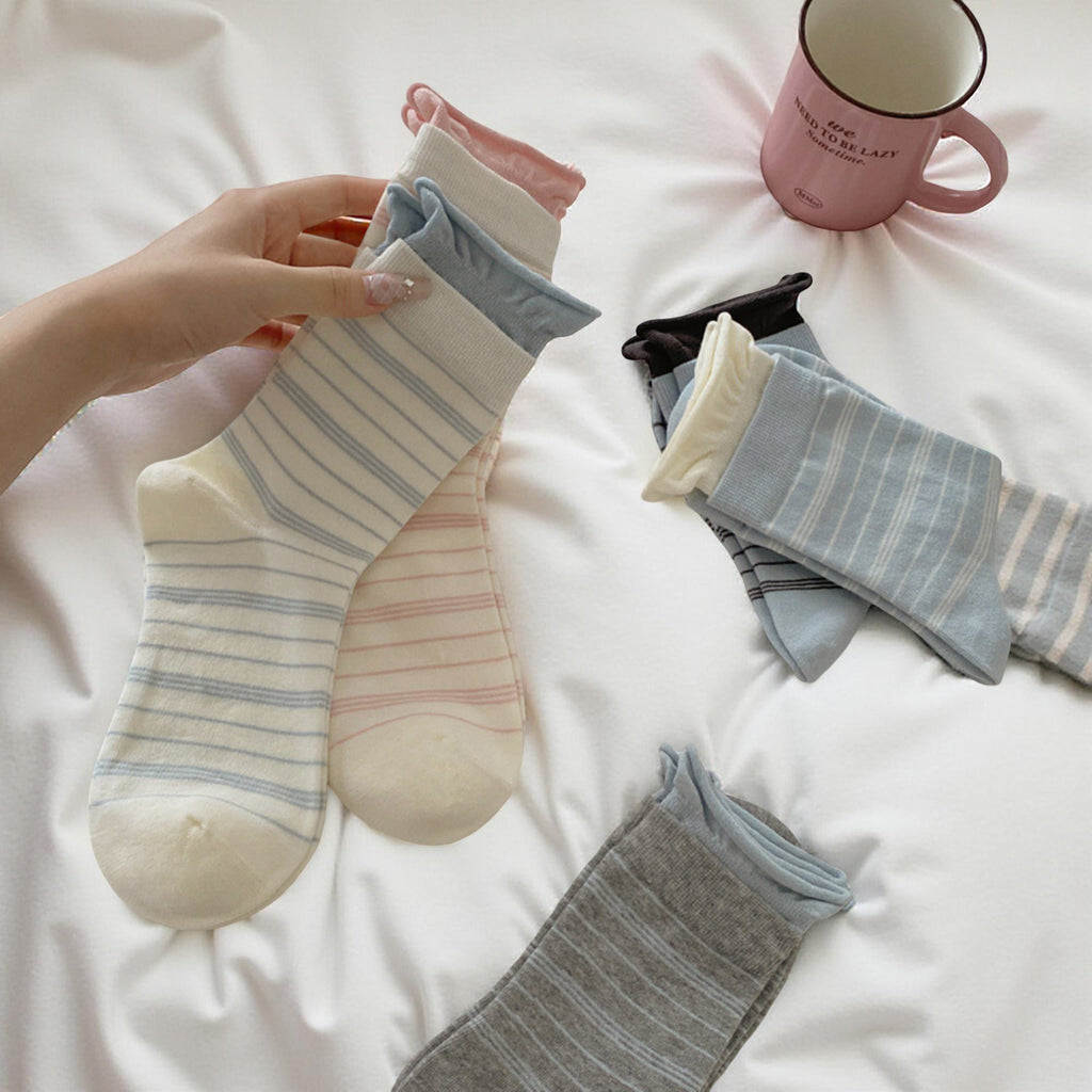 Anna-Kaci Women's 7-Pair Crew Sock Set Striped Knit Soft Stretch Comfortable Everyday Socks