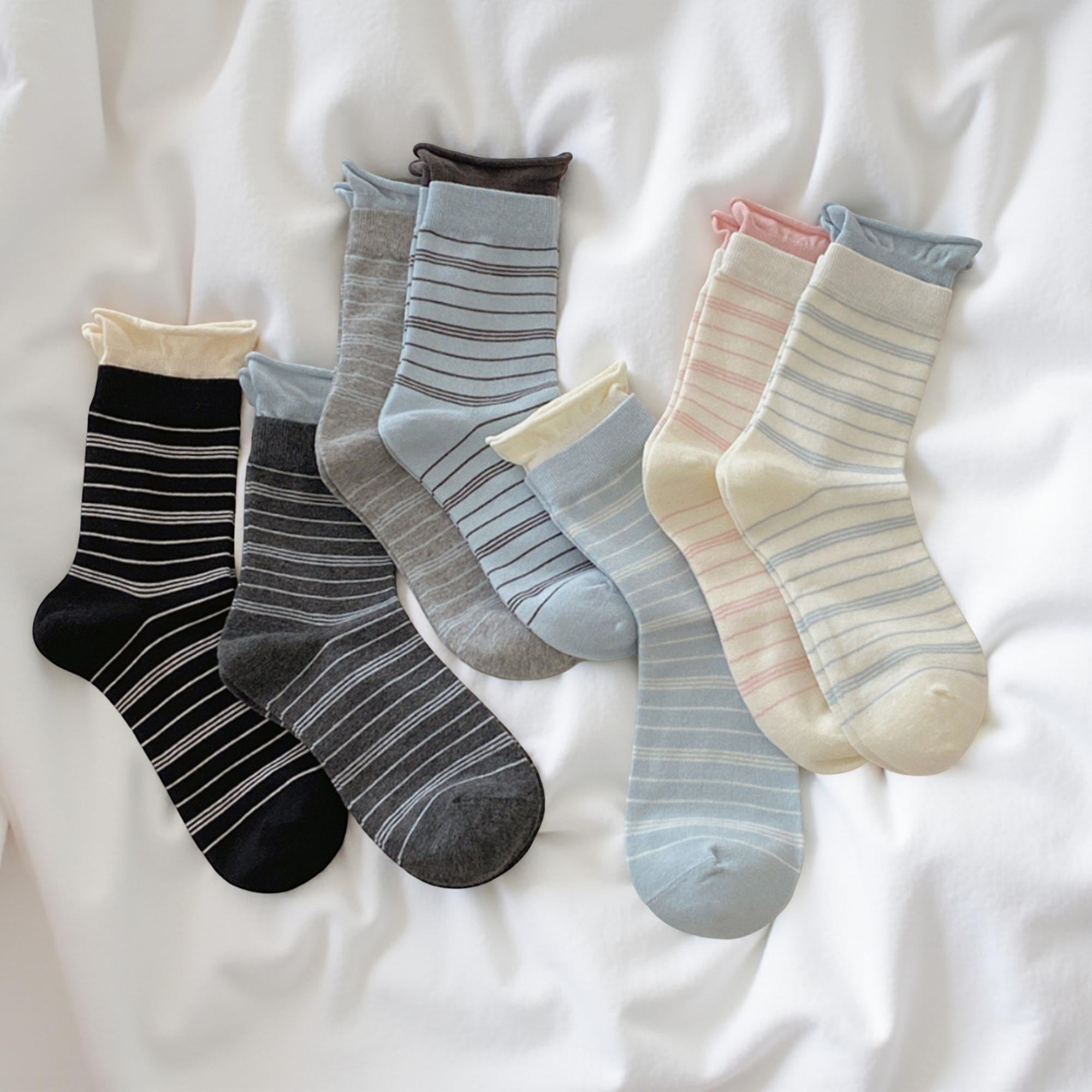 Anna-Kaci Women's 7-Pair Crew Sock Set Striped Knit Soft Stretch Comfortable Everyday Socks