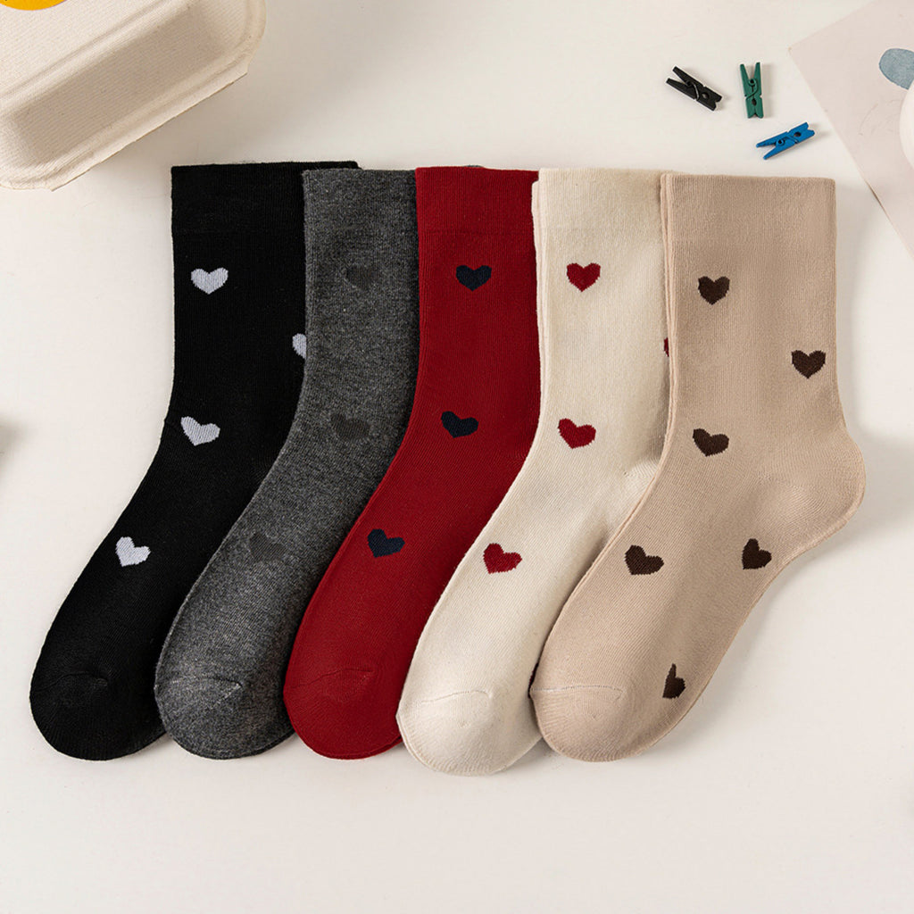 Anna-Kaci Women's 5 Pair Crew Socks Heart Pattern Soft Stretch Knit Mid Calf Casual Giftable Sock Set US 5-10.5