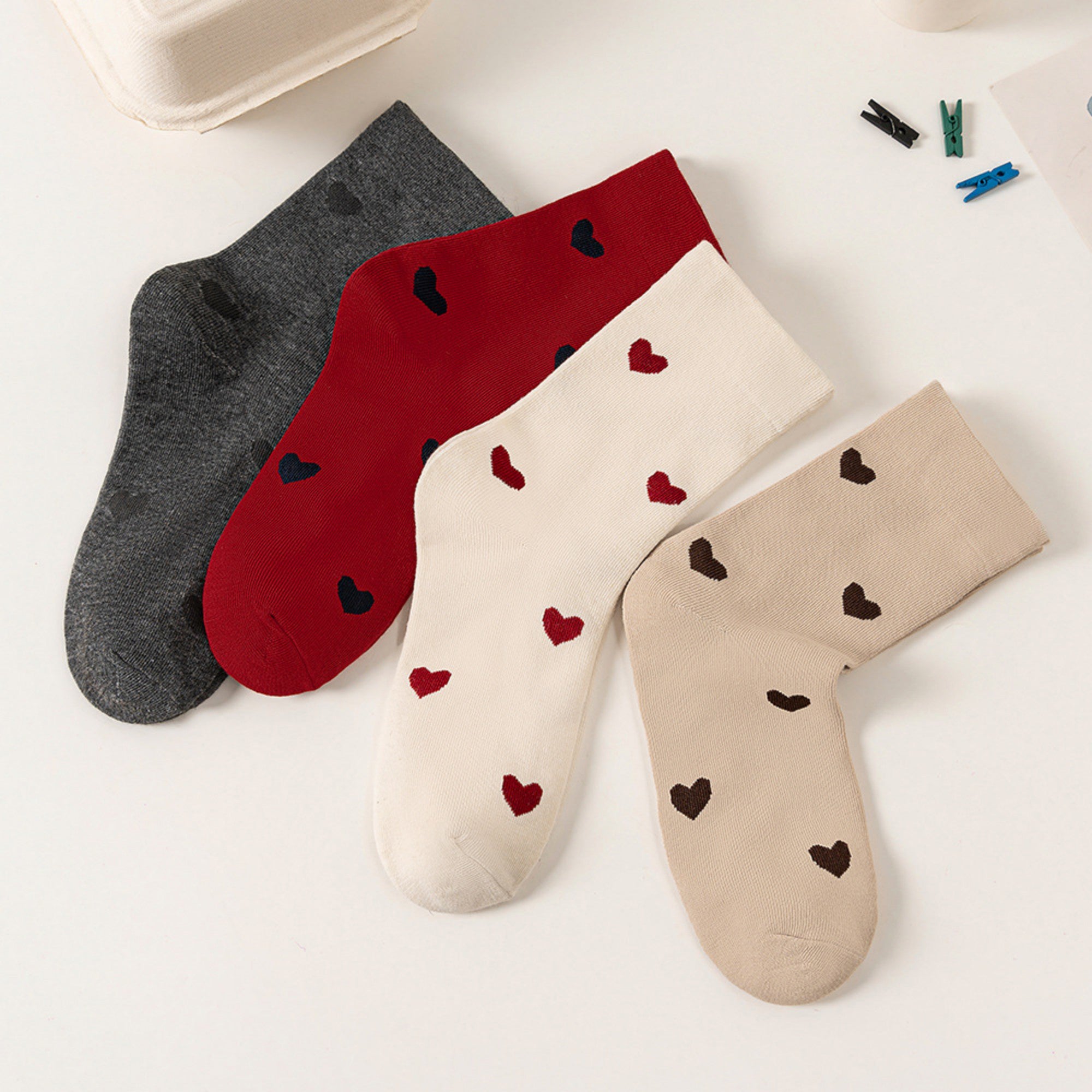 Anna-Kaci Women's 5 Pair Crew Socks Heart Pattern Soft Stretch Knit Mid Calf Casual Giftable Sock Set US 5-10.5