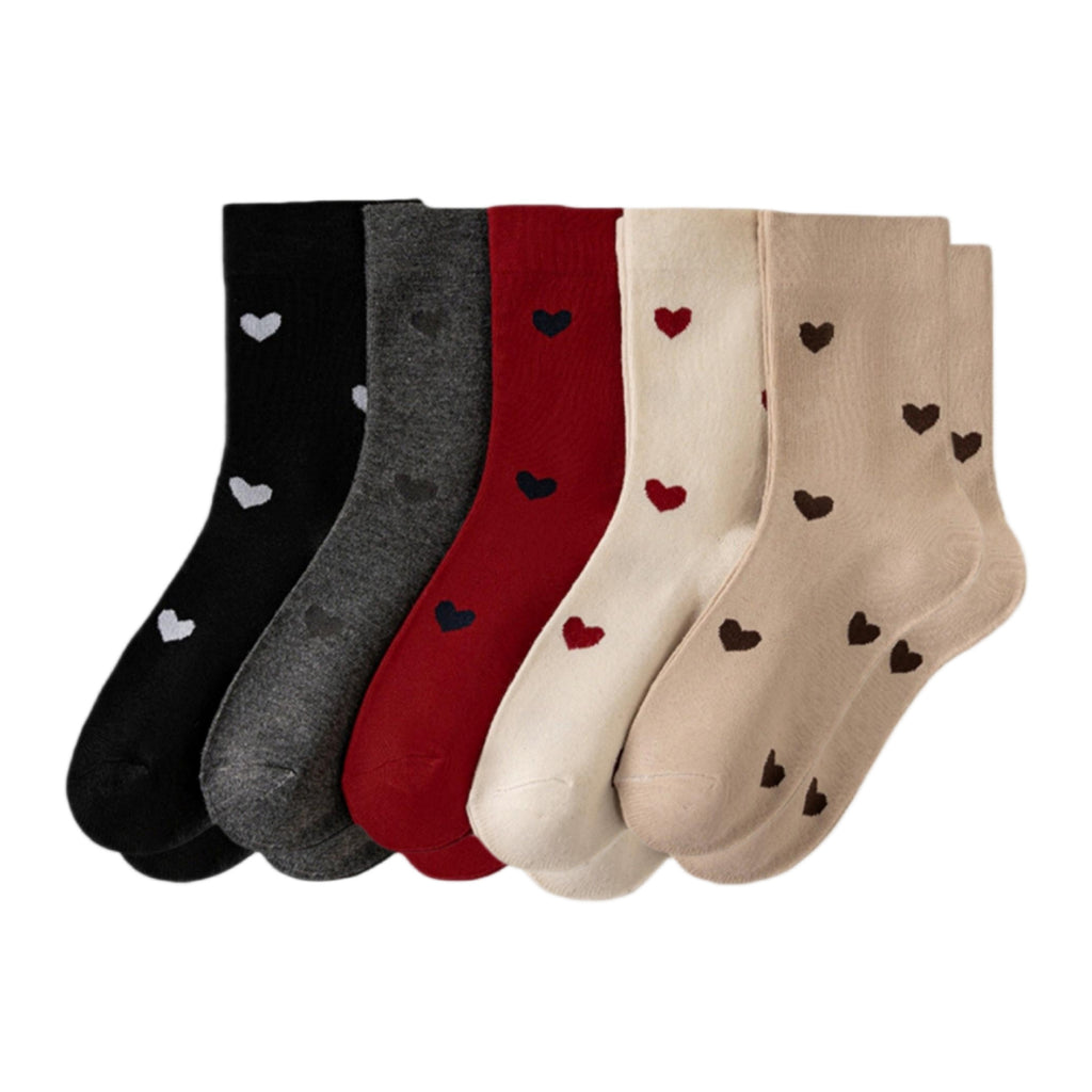 Anna-Kaci Women's 5 Pair Crew Socks Heart Pattern Soft Stretch Knit Mid Calf Casual Giftable Sock Set US 5-10.5