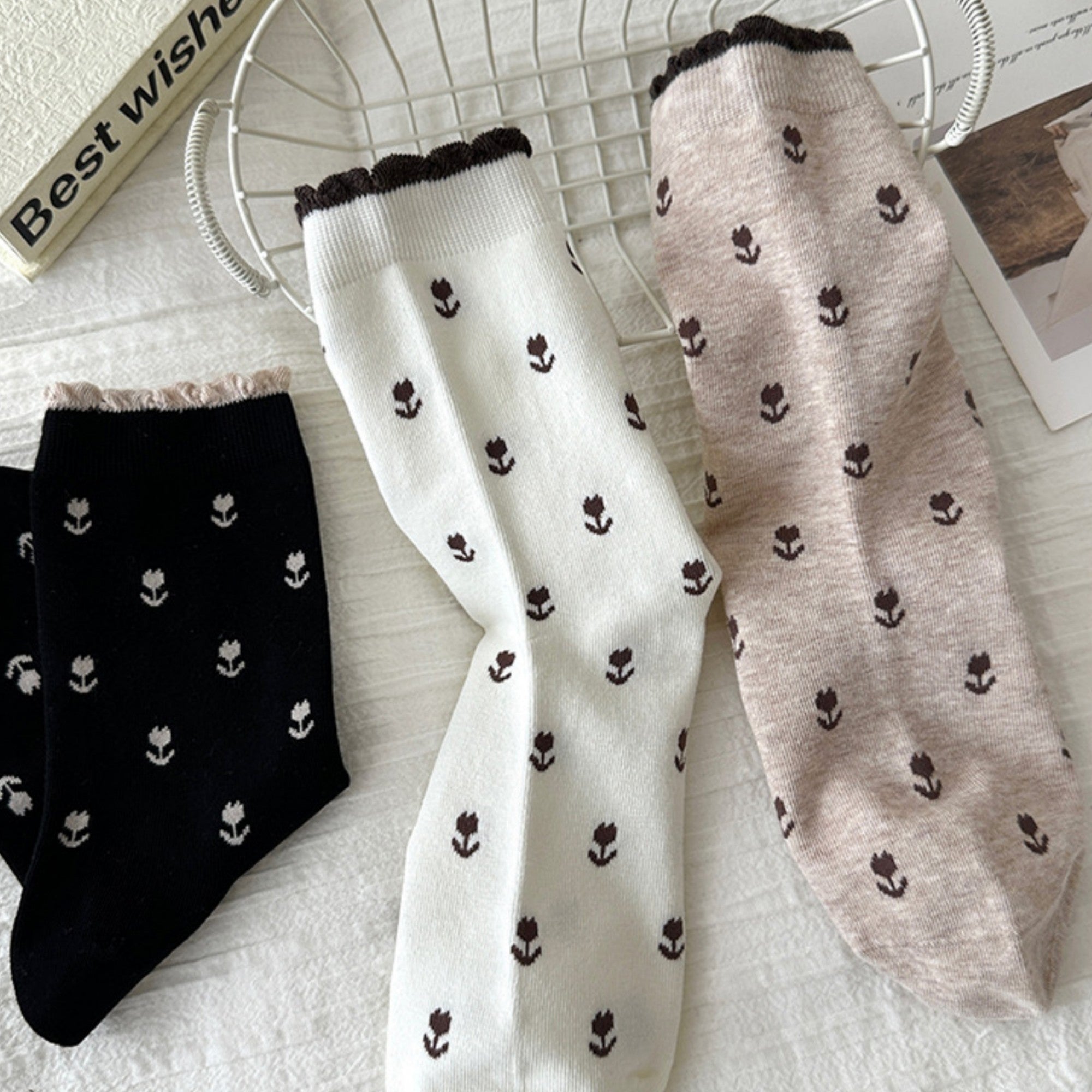 Anna-Kaci Women's 3 Pair Crew Socks Minimal Printed Design Soft Stretch Knit Mid Calf Casual Sock Set US 5-10.5