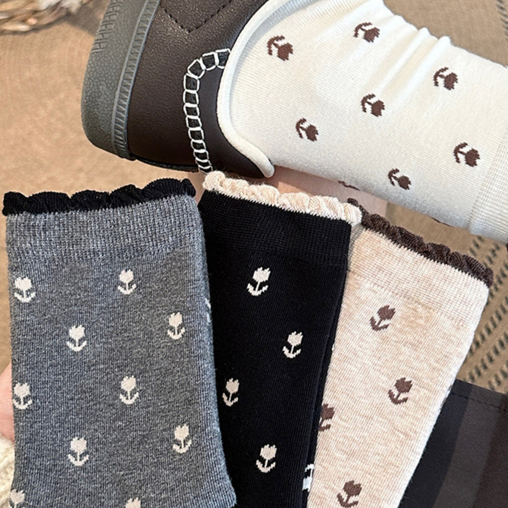 Anna-Kaci Women's 3 Pair Crew Socks Minimal Printed Design Soft Stretch Knit Mid Calf Casual Sock Set US 5-10.5