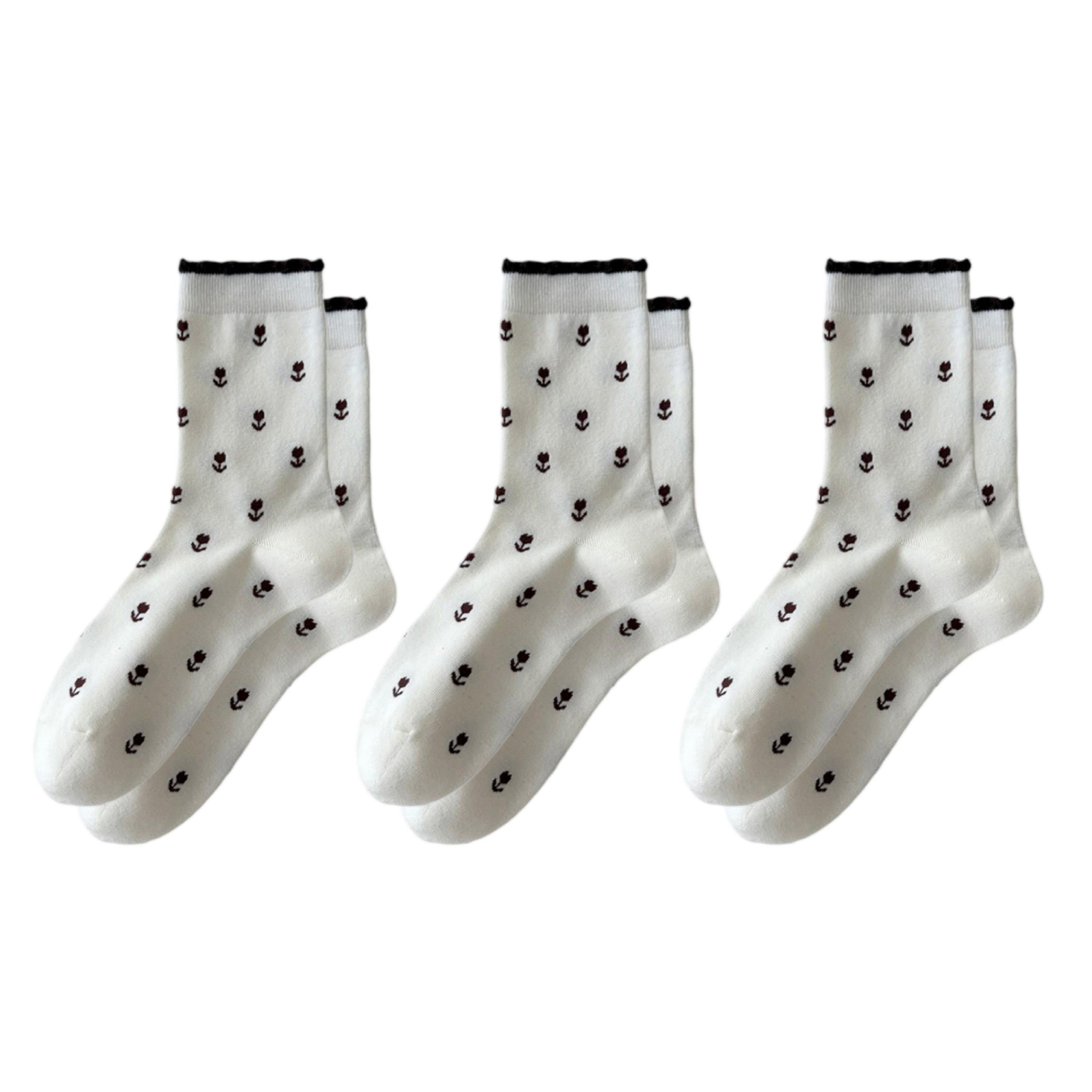 Anna-Kaci Women's 3 Pair Crew Socks Minimal Printed Design Soft Stretch Knit Mid Calf Casual Sock Set US 5-10.5