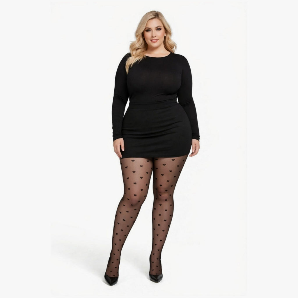 Anna-Kaci Women's Plus Size 2-Piece Sheer Heart Pattern Stockings with Reinforced Control Top and Stretch Fit