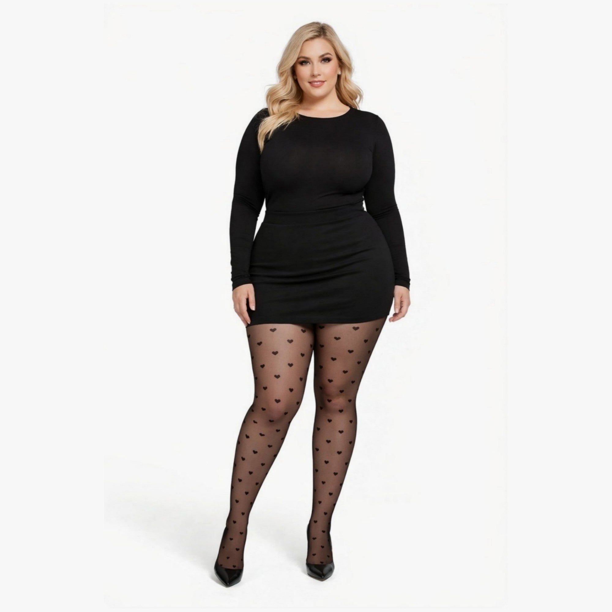 Anna-Kaci Women's Plus Size 2-Piece Sheer Heart Pattern Stockings with Reinforced Control Top and Stretch Fit