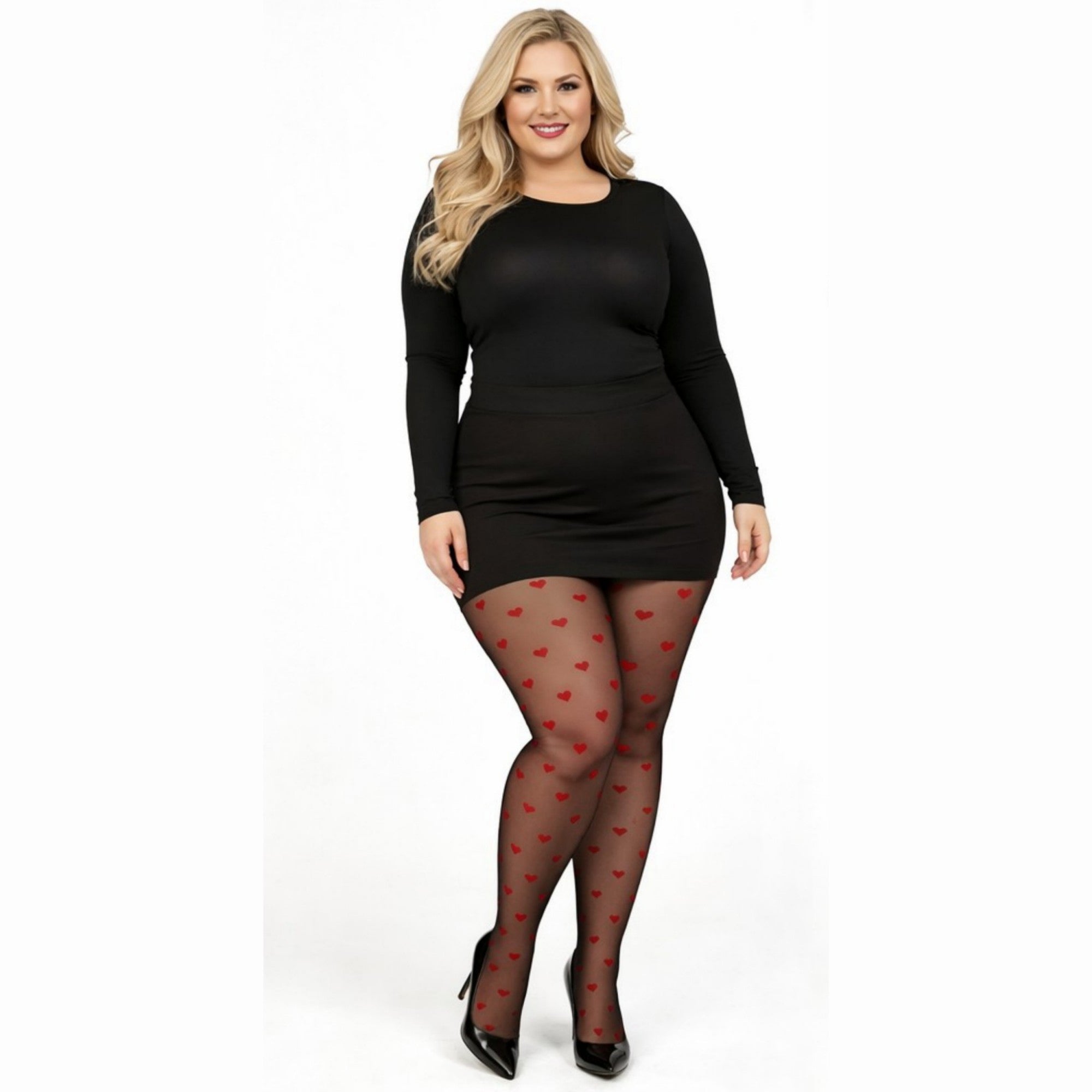 Anna-Kaci Women's Plus Size 2-Piece Sheer Heart Pattern Stockings with Reinforced Control Top and Stretch Fit