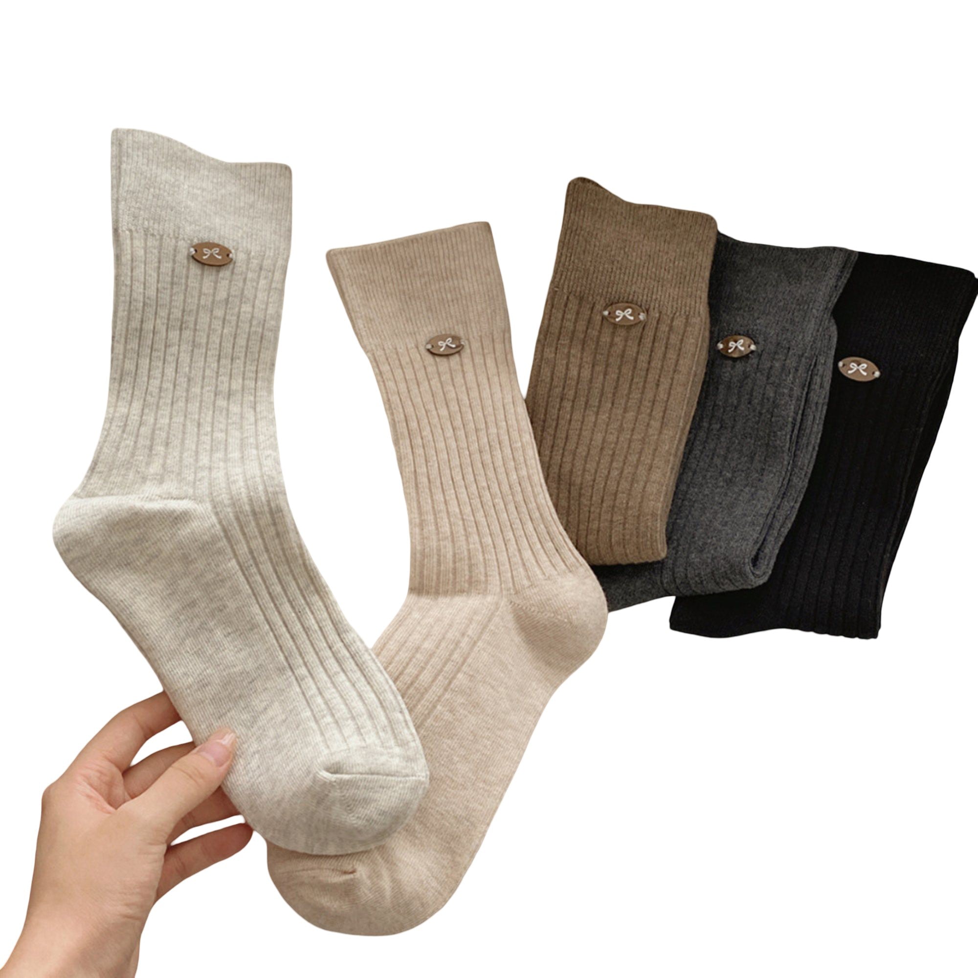 Anna-Kaci Women's 3-Pair Ribbed Crew Socks Soft Stretch Knit with Subtle Embblem Detail Comfortable Everyday Sock Set