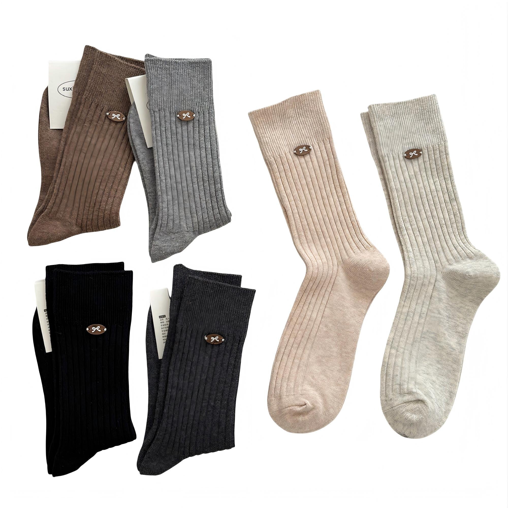 Anna-Kaci Women's 3-Pair Ribbed Crew Socks Soft Stretch Knit with Subtle Embblem Detail Comfortable Everyday Sock Set