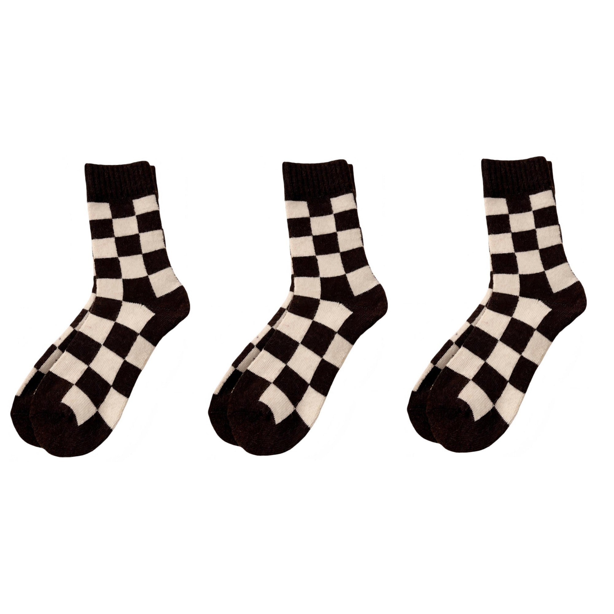 Anna-Kaci Women's 3-Pair Checkerboard Crew Socks Soft Knit Fabric Ribbed Cuff Comfortable Everyday Giftable Sock Set
