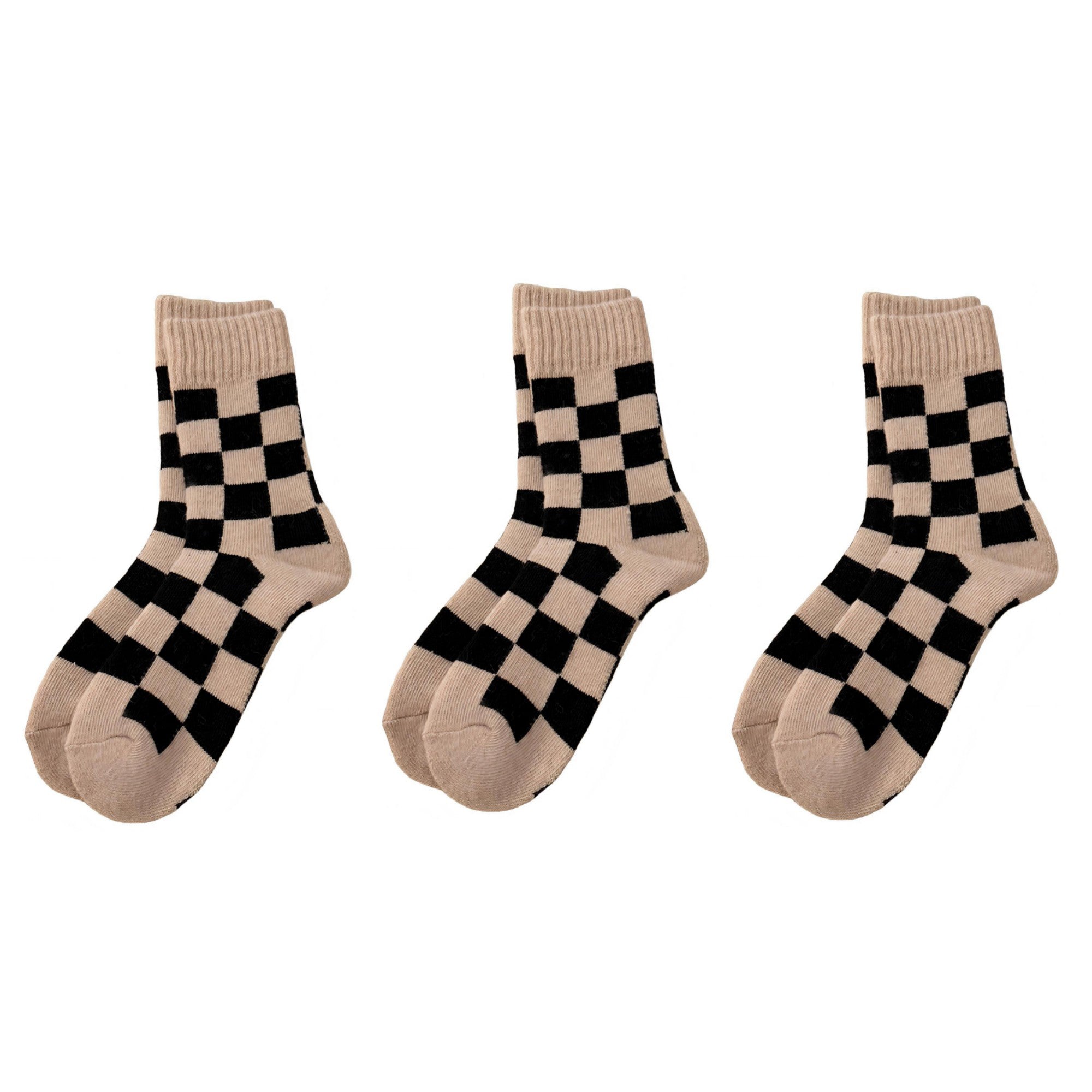 Anna-Kaci Women's 3-Pair Checkerboard Crew Socks Soft Knit Fabric Ribbed Cuff Comfortable Everyday Giftable Sock Set