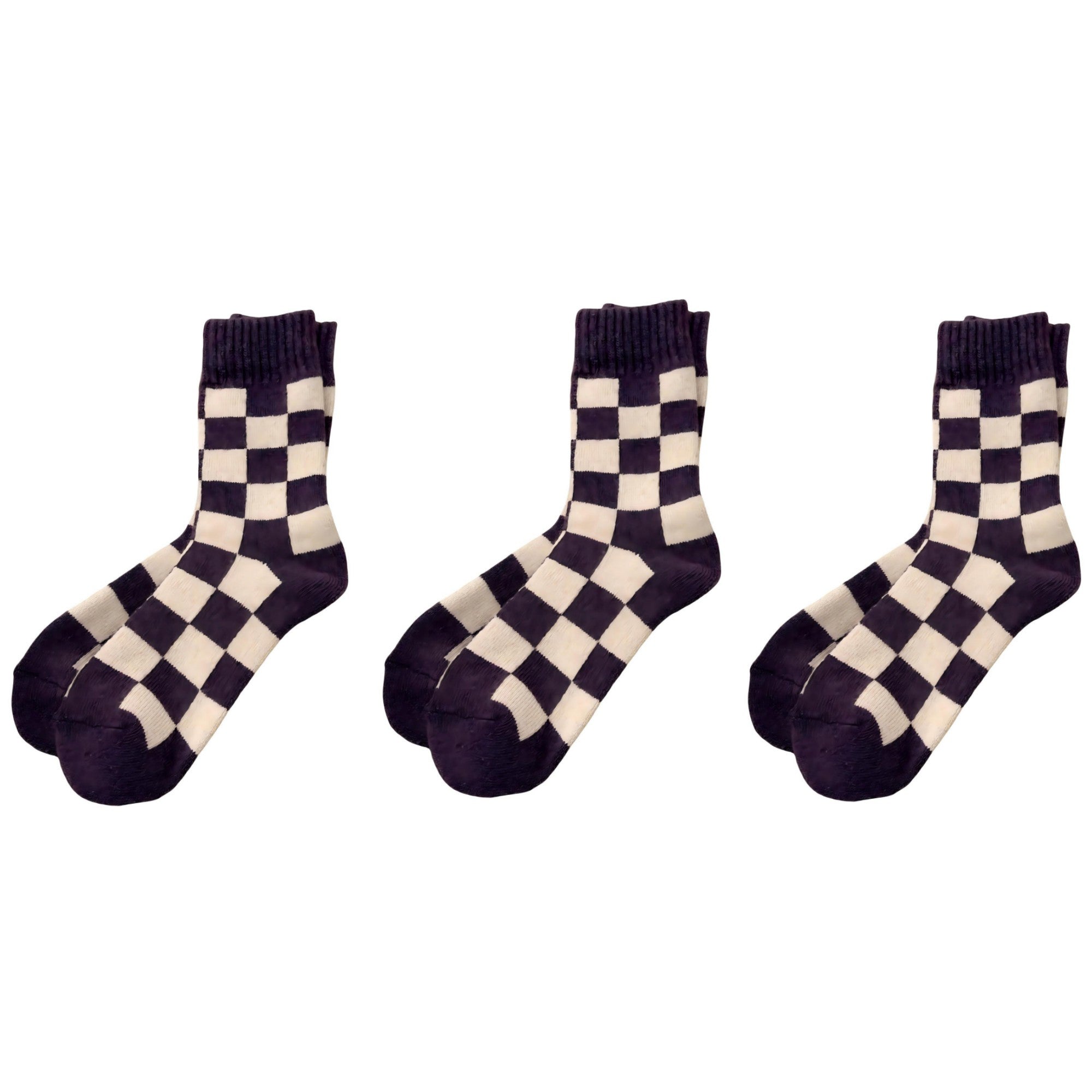 Anna-Kaci Women's 3-Pair Checkerboard Crew Socks Soft Knit Fabric Ribbed Cuff Comfortable Everyday Giftable Sock Set
