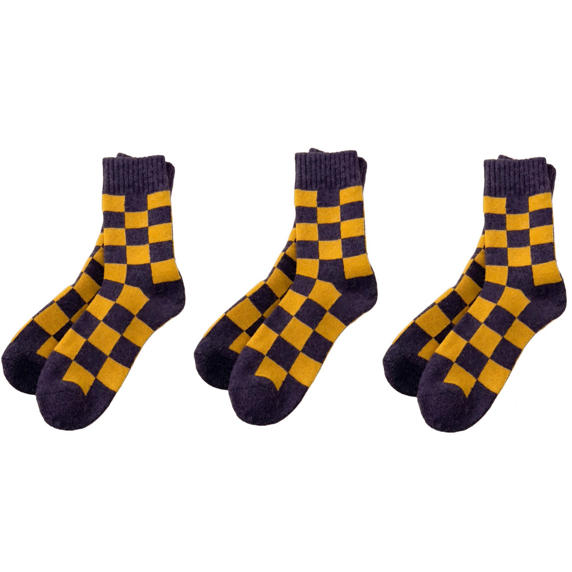 Anna-Kaci Women's 3-Pair Checkerboard Crew Socks Soft Knit Fabric Ribbed Cuff Comfortable Everyday Giftable Sock Set