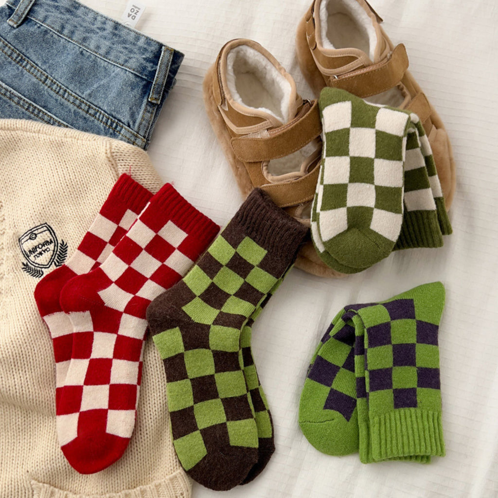 Anna-Kaci Women's 3-Pair Checkerboard Crew Socks Soft Knit Fabric Ribbed Cuff Comfortable Everyday Giftable Sock Set