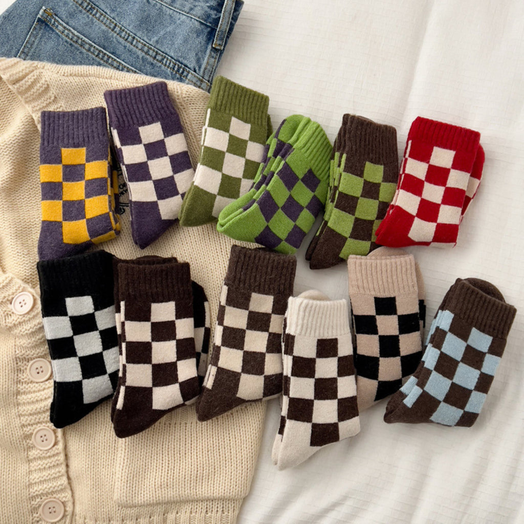 Anna-Kaci Women's 3-Pair Checkerboard Crew Socks Soft Knit Fabric Ribbed Cuff Comfortable Everyday Giftable Sock Set